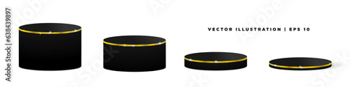 3D Black and Gold Set of Podiums. Black platforms with gold inline and shadow. Vector Illustration. EPS 10