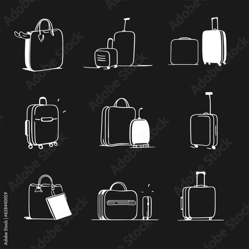 A set of travel suitcases and bags on a black background. Vector illustration for stickers.