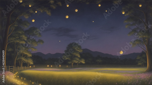 Painting of a field with a path and a full moon, anime countryside landscape, field of flowers at night, cozy night fireflies