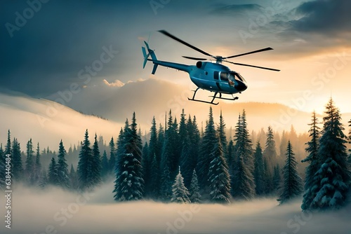 helicopter flying over the mountains