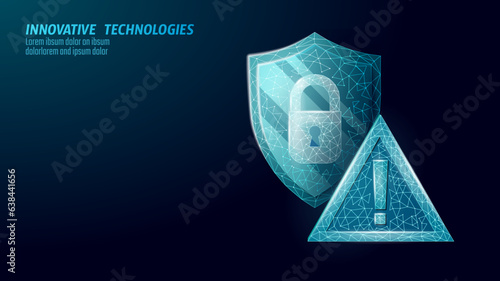 Cyber security safety shield low poly exclamation point. Polygonal geometric guard attention virus alert internet attack warning antivirus. Blue glow firewall protection hacker vector illustration