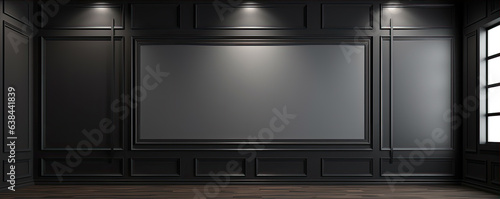 blackboard in grey design interior. Blank dark frame on wall