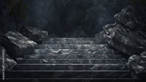 A black marble stairs in a natural setting