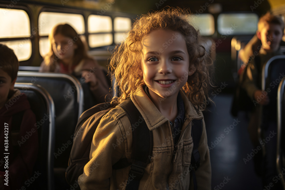 A girl smiles on a bus with a backpack A girl smiles on a bus with a backpack