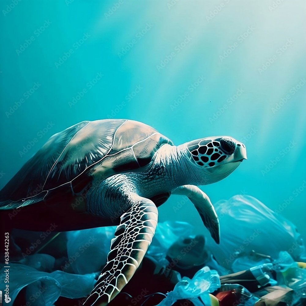 Beautiful Wild Sea Turtle Swimming Amongst Recyclable Plastic Rubbish Garbage Debris Pollution in Global Ocean Environmental Problem of Nature & Water Bodies, Bags Mistaken for Jellyfish Food & Eaten