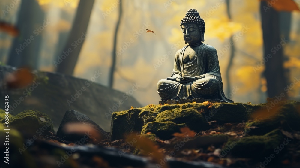 A serene Buddha statue surrounded by nature in a peaceful forest setting