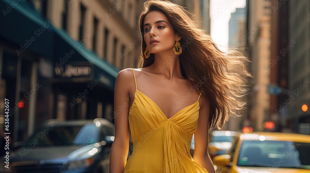 A beautiful young girl in a yellow dress walks on the streets of a large metropolis.