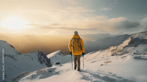 Rear view of a woman on top of a snowy mountain,