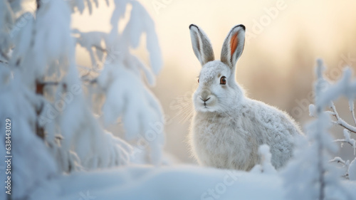 Mountain hare in white fur or pelage. Snowy winter landscape.