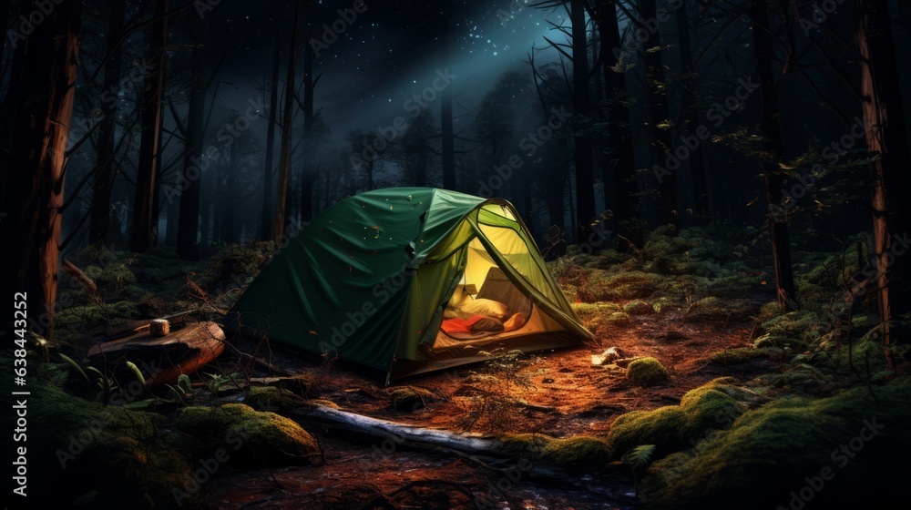 A cozy camping tent in the woods with a crackling campfire - obrazy, fototapety, plakaty 