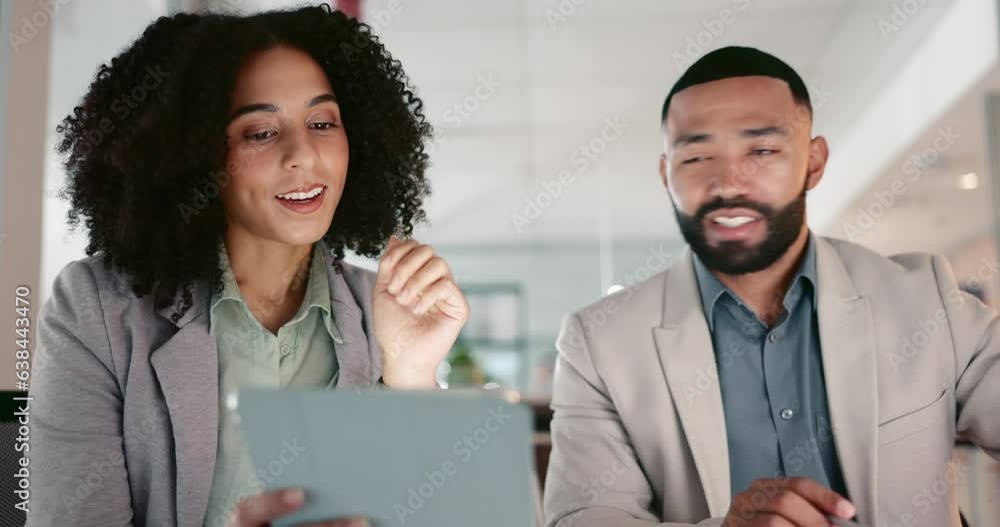 Business people, teamwork and planning on tablet, laptop and marketing research, multimedia data or training. African woman and man in office talking, collaboration for digital feedback and computer Business people, teamwork and planning on tablet, laptop and marketing research, multimedia data or training. African woman and man in office talking, collaboration for digital feedback and computer