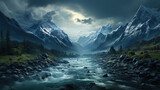 Alps Snow Mountains and Floating River Moody Landscape Background AI Generative