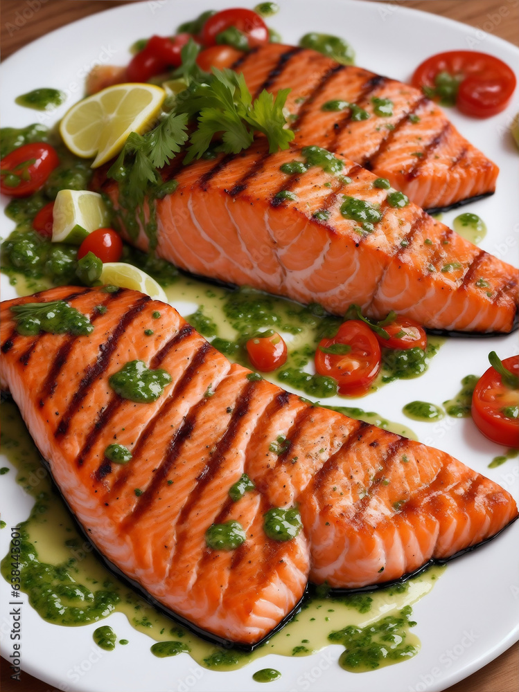 Grilled Salmon with Herb Sauce, food photography Grilled Salmon with Herb Sauce, food photography