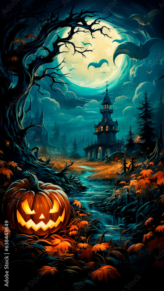 Halloween background with jack-o'-lantern pumpkin and haunted house in the forest. Halloween concept.