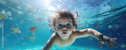 baby swiming underwater. Diving todler looking into camera.