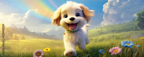 Happy dog or puppy in flower field. Fairytail dog concept. copy space for text.