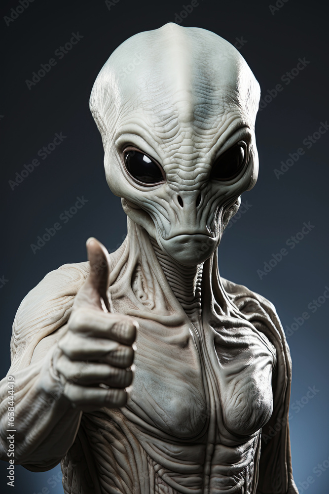 portrait of alien pointing fingers with a thumbs up gesture on isolated background portrait of alien pointing fingers with a thumbs up gesture on isolated background