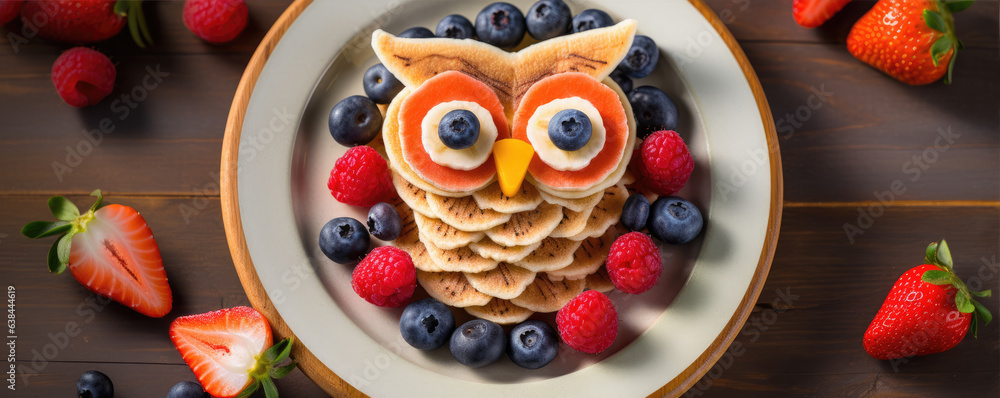 Creative owl pancakes on plate. Pancake for kids with forest fruits. Creative owl pancakes on plate. Pancake for kids with forest fruits.