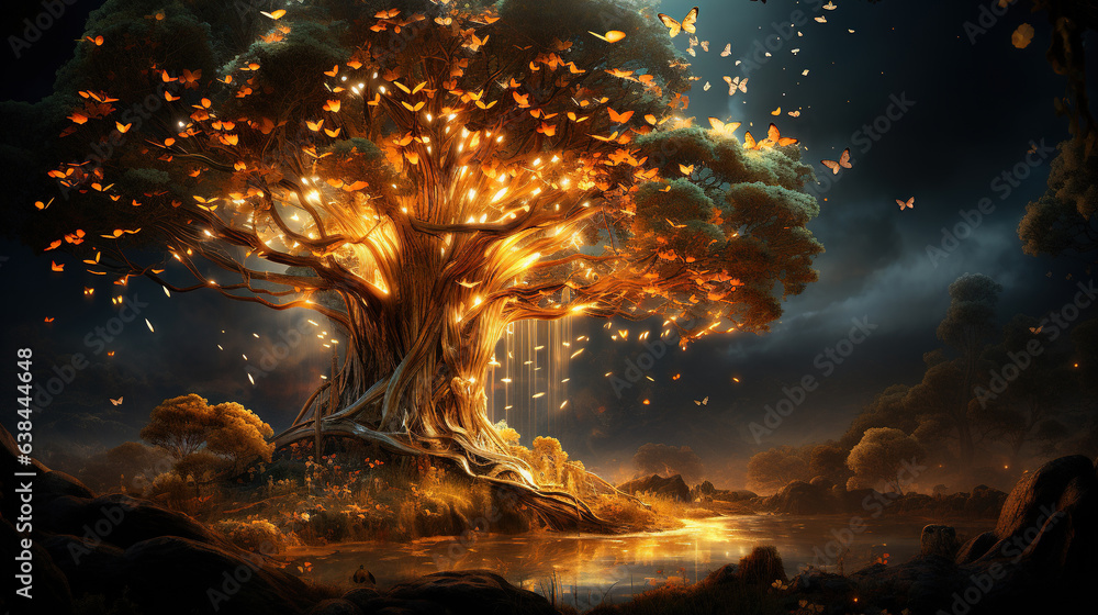 Golden Big Tree With Butterflies Fantasy Illustration Landscape Background AI Generative