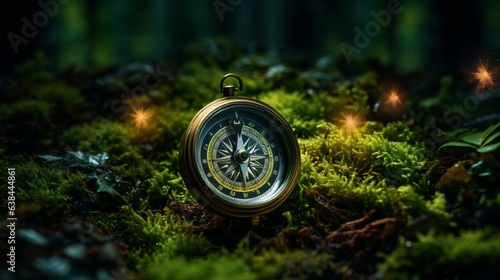 A compass in a vibrant forest setting
