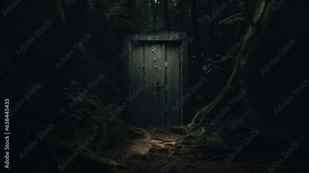 A mysterious door hidden in the heart of a lush forest - obrazy, fototapety, plakaty 