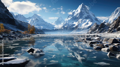 A Glacier Majestic Icebergs Floating River Surrounded by Towering Mountains AI Generative