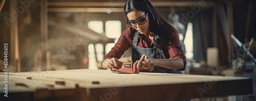 Woman carpenter using electric tool for cutting wood. woman work with construction tools.