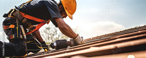 Fotografie, Obraz Construction worker on nwe roof. Professional roofer in action.