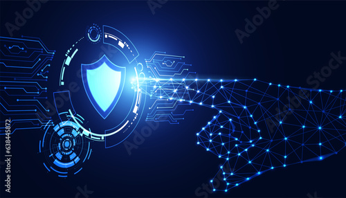 Abstract background digital concept hand is pointing cyber security shield anti virus malware spy protection cyber theft security On a blue-black background