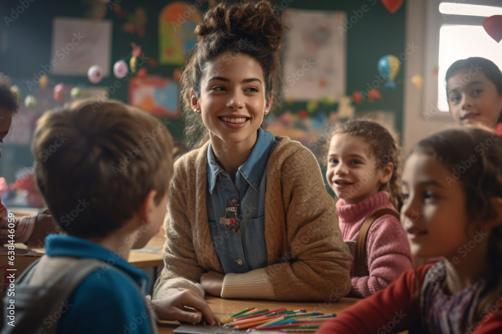 A teacher with children in a classroom reading a book with children reading a book A teacher with children in a classroom reading a book with children reading a book