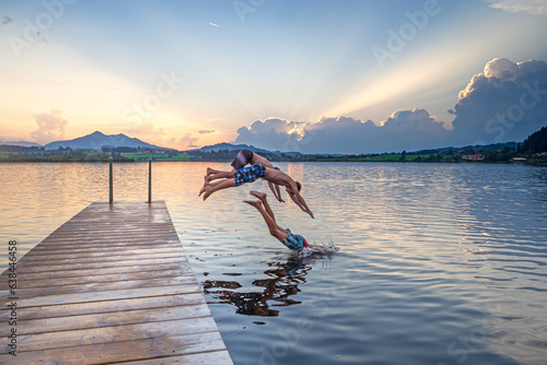 Germany, Bavaria, Allgau, jetty at lake Hopfensee