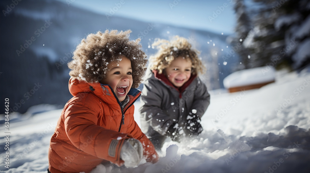 Two black african mixed race girl and boy toddlers wearing winter coats, laughing and playing in the snow, snowing and snowflakes, snowballs and snow fight, winter christmas season