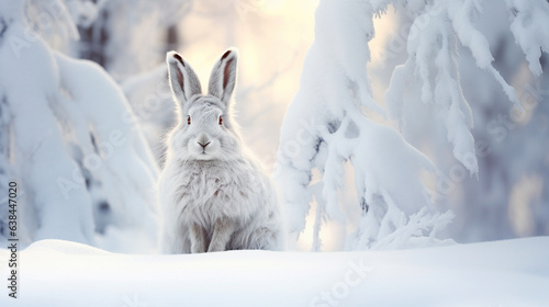 Winter forest landscape and fluffy hare sitting in the snow