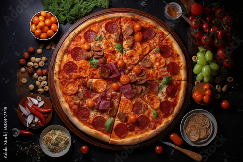 A flat lay photorealistic image of a sliced pepperoni pizza on a table with all the ingredients spread out, captured from a top-down view