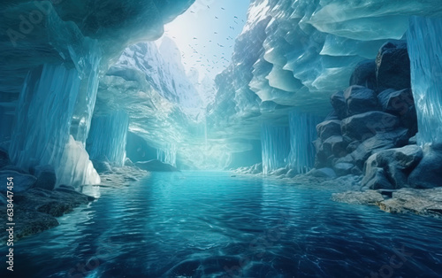 Ice Glacier with a Blue Lagoon Caves Visable Underwater in the Lagoon Icy Environment AI Generative photo