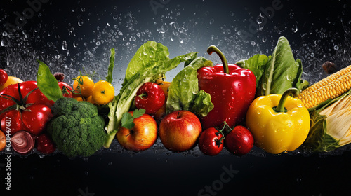 Side view of various vegetables for salad on dark black background. Theme of nutrition and vitamins. 
