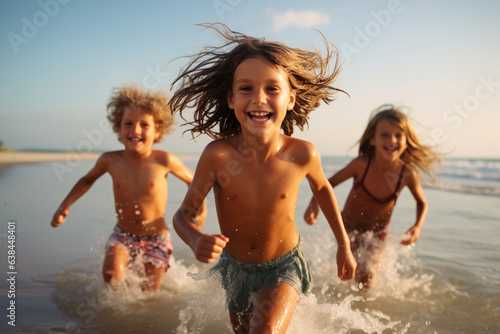 Lifestyles concept. Happy children playing and laughing in beach. Kids running in water during sunny summer day. Generative AI © Rytis