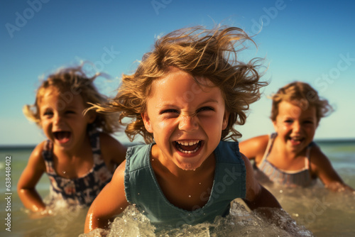 Lifestyles concept. Happy children playing and laughing in beach. Kids running in water during sunny summer day. Generative AI © Rytis