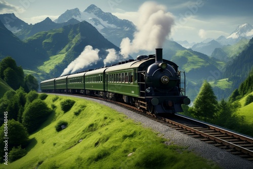 Serene journey Trains green front glides against a majestic mountain backdrop Generative AI