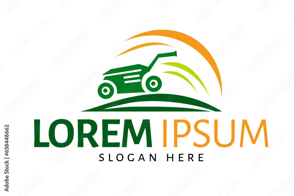 Fototapeta premium lawnmower logo or icon, lawn moving and lawn care service logo , cutting grass company logo vector 