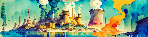 Colorful Watercolor Painting of a Nuclear Power Plant. Generative AI.