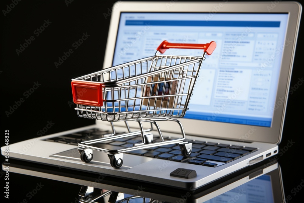 White isolation Laptop, shopping basket, keyboard encapsulate e  commerce concept online shopping portrayed Generative AI