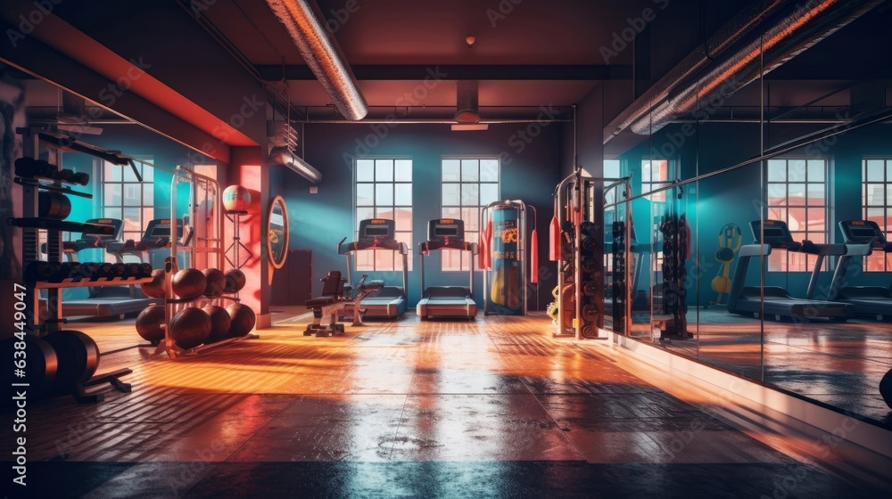 Interior of a fitness hall with gym equipment. 3d rendering