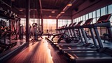 Interior of a fitness hall with rows of treadmills. Selective focus