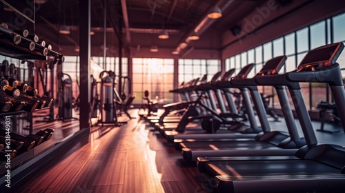 Interior of a fitness hall with rows of treadmills. Selective focus