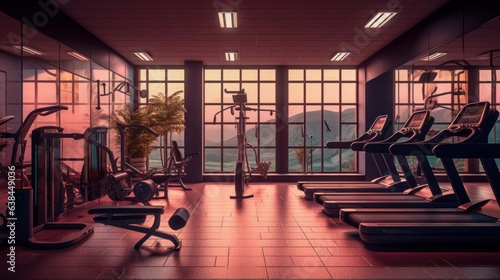 Interior of a modern gym with fitness equipment. 3D rendering