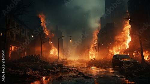 Empty street of burnt up city. Apocalyptic view of city downtown as disaster film poster concept. City destroyed by war  Generative Ai