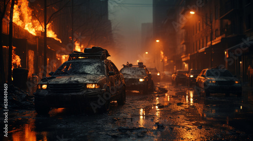 Empty street of burnt up city. Apocalyptic view of city downtown as disaster film poster concept. City destroyed by war, Generative Ai © L2004 ZUL