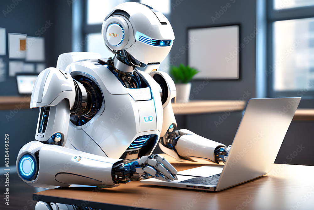 A charming white AI robot is diligently operating a laptop in an office space adorned with glass windows in the background A charming white AI robot is diligently operating a laptop in an office space adorned with glass windows in the background