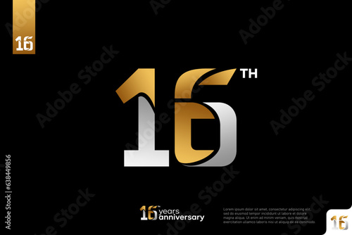 Gold and silver number 16 logo icon design on black background, 16th birthday logo number, 16 anniversary